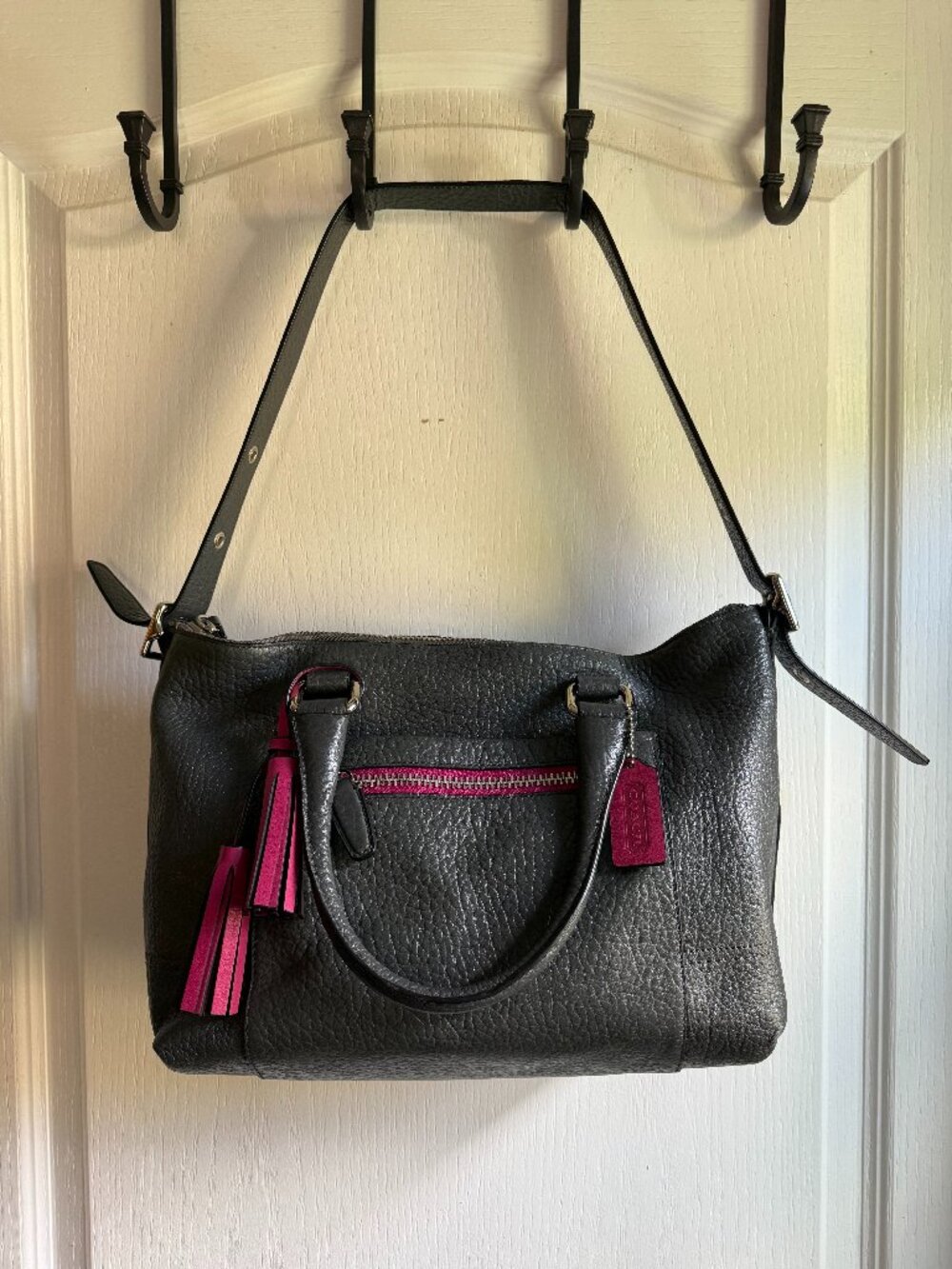 2012 Coach Legacy Molly Satchel Graphite Gray Fuchsia Pink Leather Bag 21140